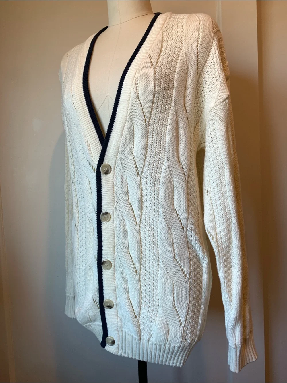 Aquascutum London Cream Cable Knit Cardigan with Navy Trim